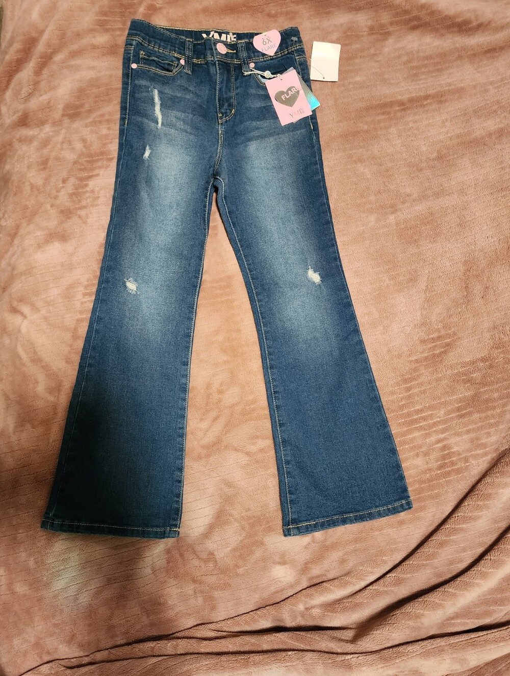 NWT YMI Girls Medium Wash Distressed Flare Denim Jeans Size 6X